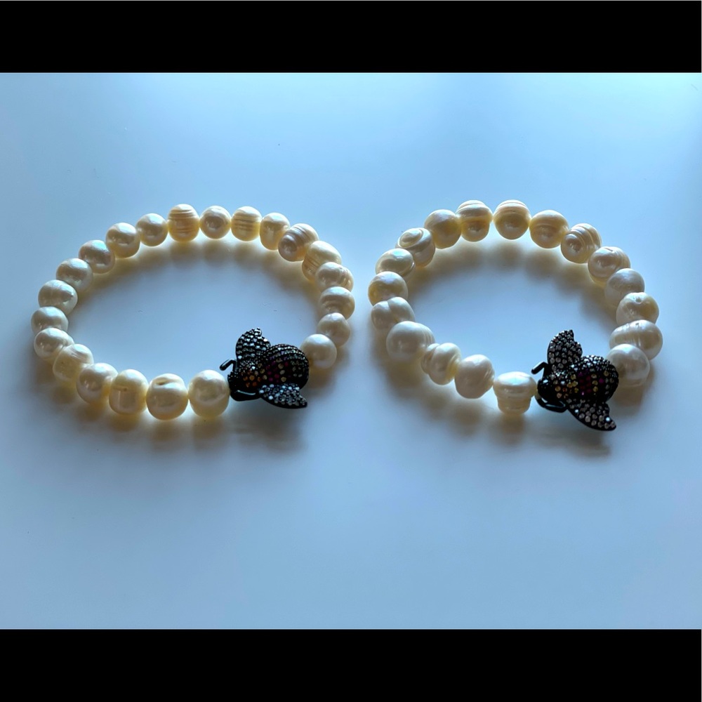 Freshwater pearl bee charm bracelets (set of 2)